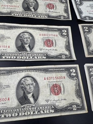 Lot of 10 1953 1963 $2 USN Red Seal Legal Tender Bills VG Very Good + Circ #859