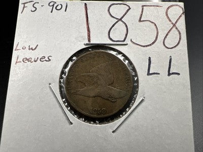 1858 1c Flying Eagle Cent Coin Low Leaves FS-901 Variety Fine Circ