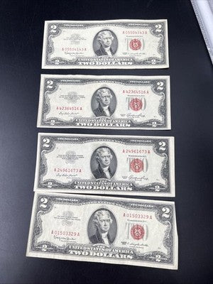 Lot of 4 1953 1963 $2 USN United States Red Seal Notes VF Very Fine #329