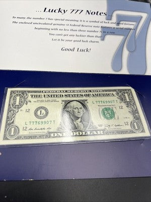 2009 $1 FRN Lucky Serial #77769907 Federal Reserve Note CH UNC in Display Folder