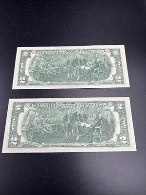 2 Consecutive 1976 $2 Bicentennial Postal Two Dollar Bill Chicago Ridge IL UNC A