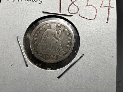 1854 with Arrows 10c Seated Liberty Silver Dime Choice VG Very Good Circ SKU#b