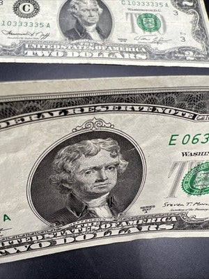 $2 Bill Collector's Lot Lucky 333s repeat Serial # 1976 $2 & 2017 $2 Bills Circ