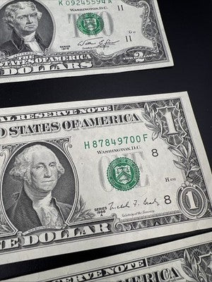 FRN Collector's Lot 3x 1963 B Barr $1 VF & 1976 $2 Bicentennial Two Dollar Bill