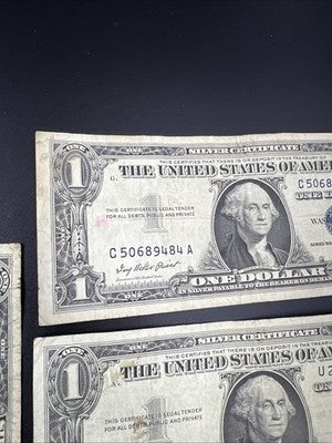 Lot of 7 Circ 1957 $1 One Dollar US Silver Certificates Blue Seal Notes #165