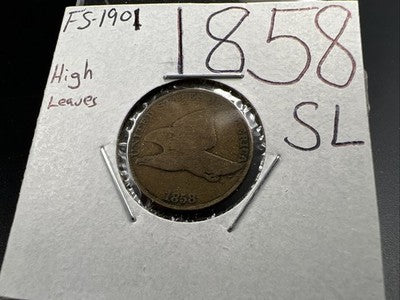 1858 1c SL Flying Eagle Cent Coin Low Leaves FS-901 Variety VG Details Circ