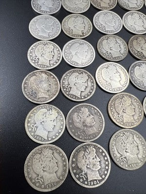 Barber Quarters 90% Silver Coin Quarter Roll $10 Face Value 40 Coins VG SKU#1A