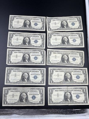 Lot of 10 1957 $1 Dollar Silver Certificate Blue Seal Notes Fine Circulated #58