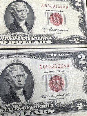 6 Note Set 1953 + ABC & 1963 & A $2 Two Dollar USN Legal Tender Red Seal Set #65