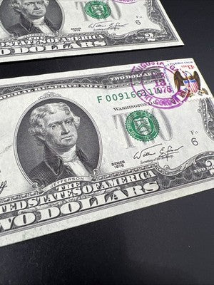 2 Consecutive 1976 $2 Bicentennial Federal Reserve Notes Postal Stamp Augusta GA