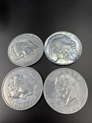Lot of 4 Used Large 3 Inch Novelty Pewter Coin/Coaster/Paperweight Kennedy Ike +