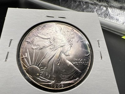 1986 1 Oz ASE American Silver Eagle Coin Gem BU UNC PQ Blue Toning Toner REV