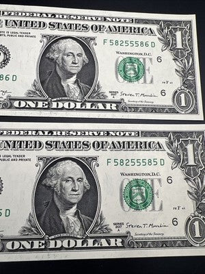 2 Consecutive 2017 A $1 FRN Federal Reserve Notes CH UNC Repeat Serial #58255585