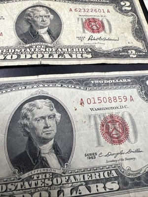 Lot of 10 1953 1963 $2 USN Red Seal Legal Tender Bills VG Very Good + Circ #859