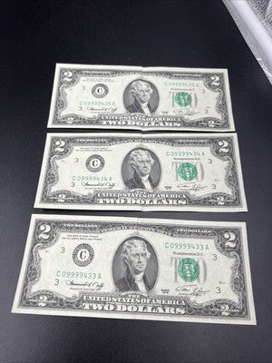 3 Consecutive 1976 $2 Bicentennial Two Dollar Bills VF Fancy Serial #09999433
