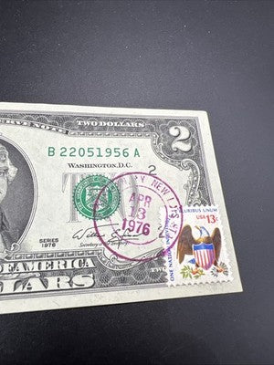 Obstructed Printing Error 1976 $2 Bicentennial Postal Bill Printed Thru String