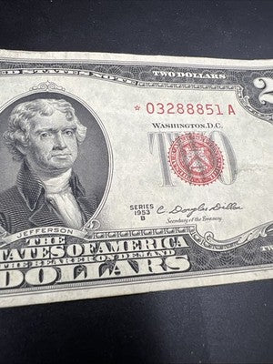 1953 * Star B $2 USN Red Seal United States Note CH VF Details Corner Tear #888