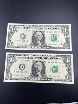 2 Consecutive 2017 $1 FRN Federal Reserve Notes Choice UNC #282