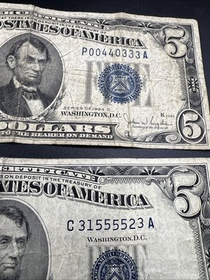 2 Note Lot 1934 1953 $5 Five Dollar Silver Certificate Fancy Serial #s G / VG