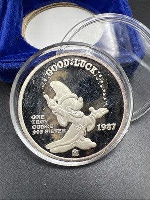 Mickey's Magic 1987 Disney Good Luck 1 Oz Silver Coin in Box