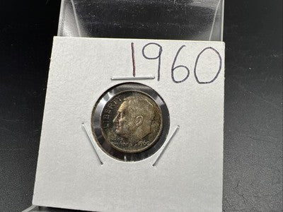 1960 P 10c Roosevelt Silver Dime Coin Neat Blue Toning Toner XF EF Extra Fine