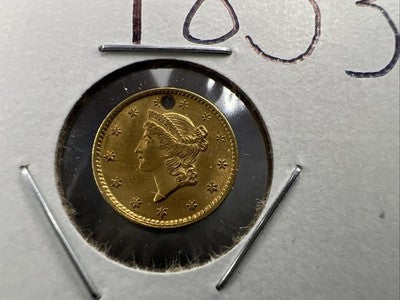 1853 Liberty Head Type I Gold Dollar $1 AU Details Holed