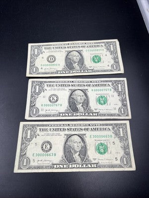 Lot of 3 2017 $1 Low Repeat Serial # FRN Notes #0000767 #0300800 #3000663 Circ