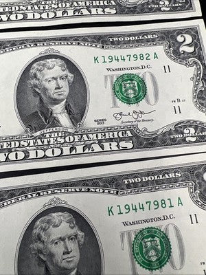5 Consecutive 2013 $2 FRN Federal Reserve Notes UNC Uncirculated #80