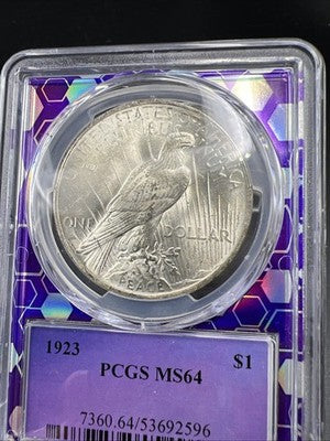 1923 P Peace Silver Dollar Coin PCGS MS64 CH BU UNC Purple holder Some Toning