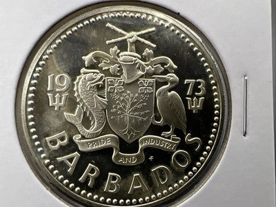 1973 Barbados Proof 5 Five Dollars Silver Coin - Shell Fountain in Bridgetown