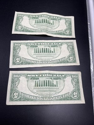 Lot of 3 1963 $5 USN United States Notes Red Seal Bills Fine / VF Circ #632