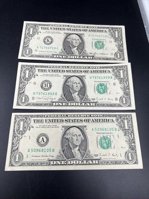Lot of 3 XF EF 1988 $1 FRN Federal Reserve Notes #105