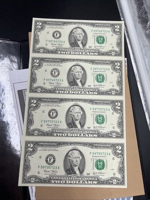 4 Note Souvenir Sheet 2003 US $2 Two Dollar FRN Federal Reserve Notes in Book #D