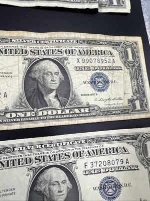 Lot of 7 Circ 1957 $1 One Dollar US Silver Certificates Blue Seal Notes #165