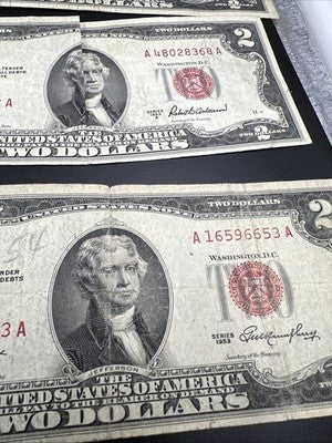 Lot of 6 1953 $2 USN Red Seal Legal Tender Bills Very Circulated #467