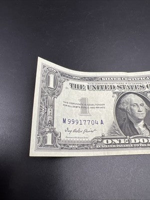 1957 $1 One Dollar Blue Seal Silver Certificate VF Repeat Serial #99917704