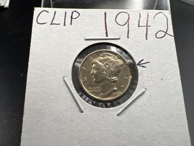 1942 P 10c Mercury Dime Coin Clipped Planchet Error AU