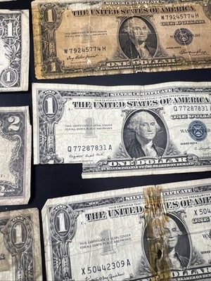 Lot of Damaged Ugly Bills USN Notes, Silver Certificates & 2 FRNS $16 F.V