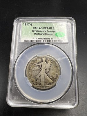 1917 S Obverse MM 50c Walking Liberty Silver Half Dollar Coin CAC AG Details