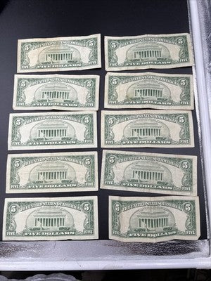 Lot of 10 1963 $5 USN United States Red Seal Five Dollar Notes VG / Fine #115