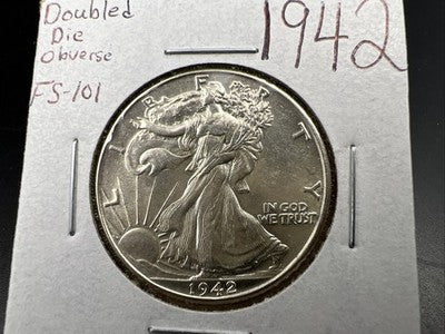 1942 P Walking Liberty Silver Half Dollar FS-101 Double Die Obverse UNC Details