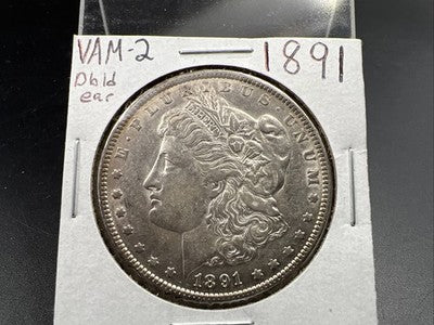 1891 P $1 Morgan Silver Dollar Coin Top 100 Vam 2 Double Ear CH AU About UNC