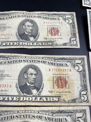 Lot of 9 1963 1953 $5 Five Dollar USN United States Notes Well Circulated #79