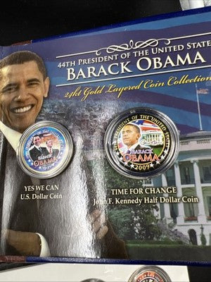 Lot of 13 Barack Obama Colorized US UNC Coins in displays w/ 9 Liberia Stamps