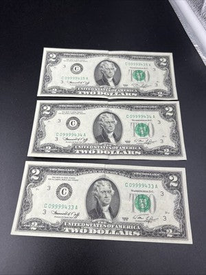 3 Consecutive 1976 $2 Bicentennial Two Dollar Bills VF Fancy Serial #09999433