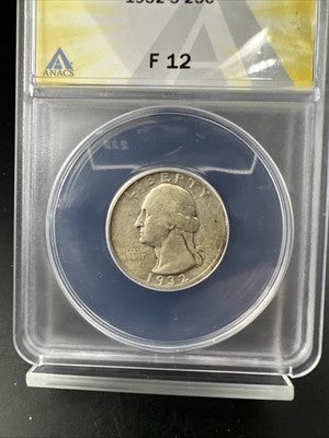 1932 S 25c Washington Silver Quarter Coin ANACS F12 Fine Key Date #703