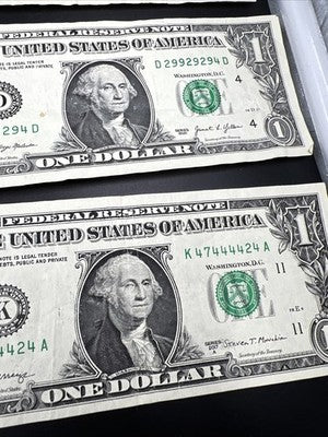 Lot of 12 $1 FRN Fancy Serial Number Federal Reserve Note Years 1963 - 2021 Circ