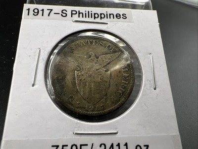 1917 S Philppines 50 Centavos Silver Coin Good / VG Very Good Circ