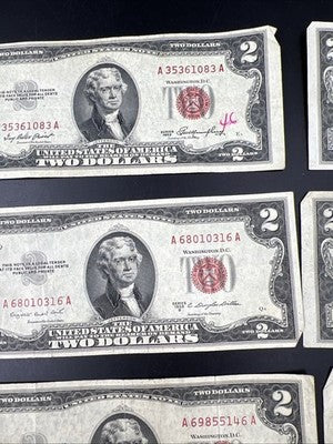 Lot of 10 1953 $2 USN Red Seal Legal Tender Bills VG Very Good + Circ #557