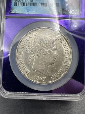 1867 Madrid Spain 2 Escudos Silver Coin NGC AU58 Choice AU Certified